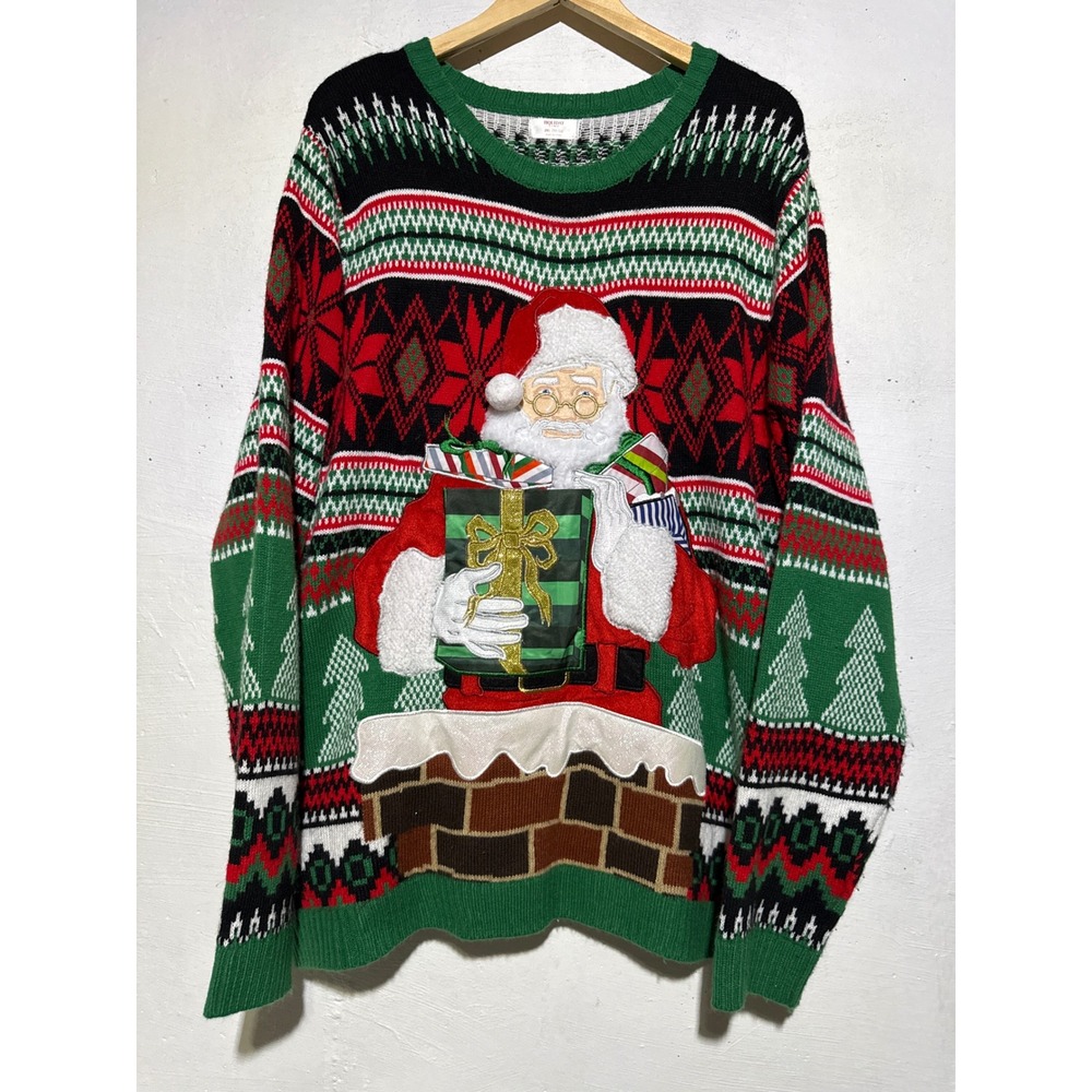 Holiday Time Mens Santa Chimney Ugly Christmas Sweater 2XL Green Red Knit Kitsch